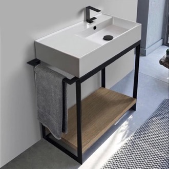 Console Bathroom Vanity Console Sink Vanity With Ceramic Sink and Natural Brown Oak Shelf Scarabeo 5118-SOL2-89